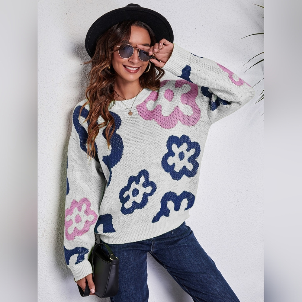 Funky Flower Knit Pullover Hippie Retro Daisy Long Sleeve Colorful Sweater Shirt
